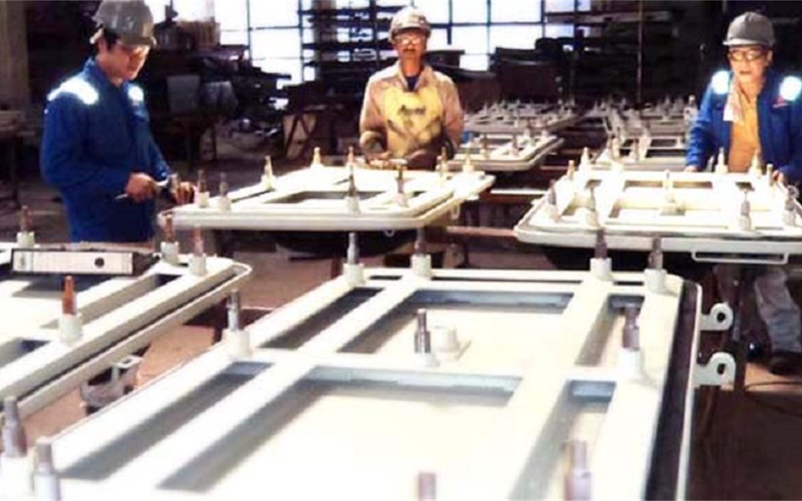 Marine door frames being fitted out in the workshop