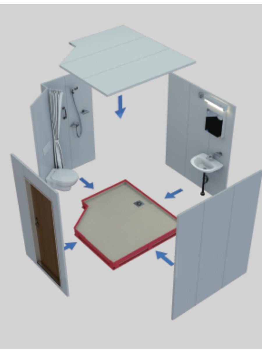 Bathroom unit shown as its separate panels, tray and ceiling