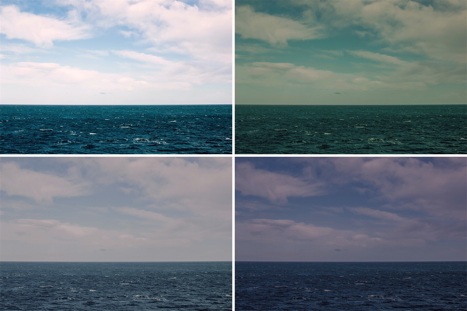The same horizon through plain glass and through three Bergaflex films