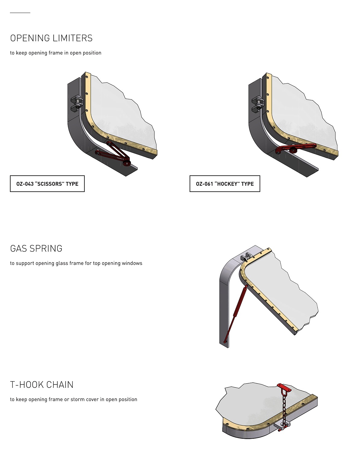 Opening limiters, gas spring and T-hook chain for marine windows