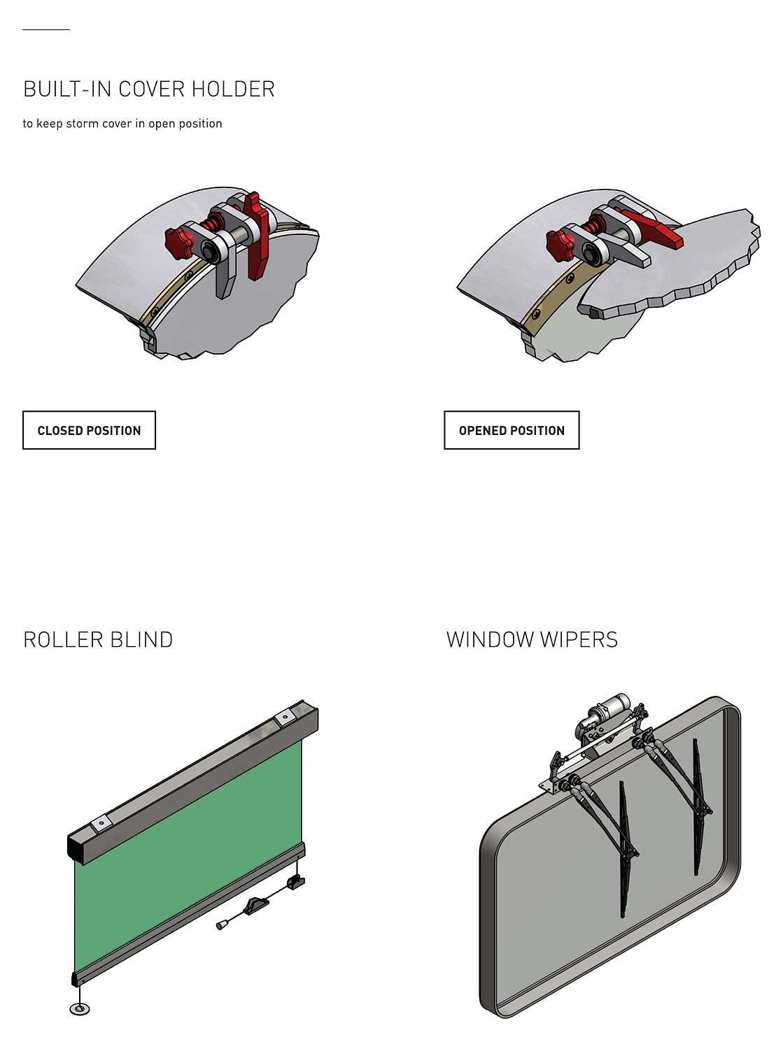 Built-in cover holder, roller blind and window wipers