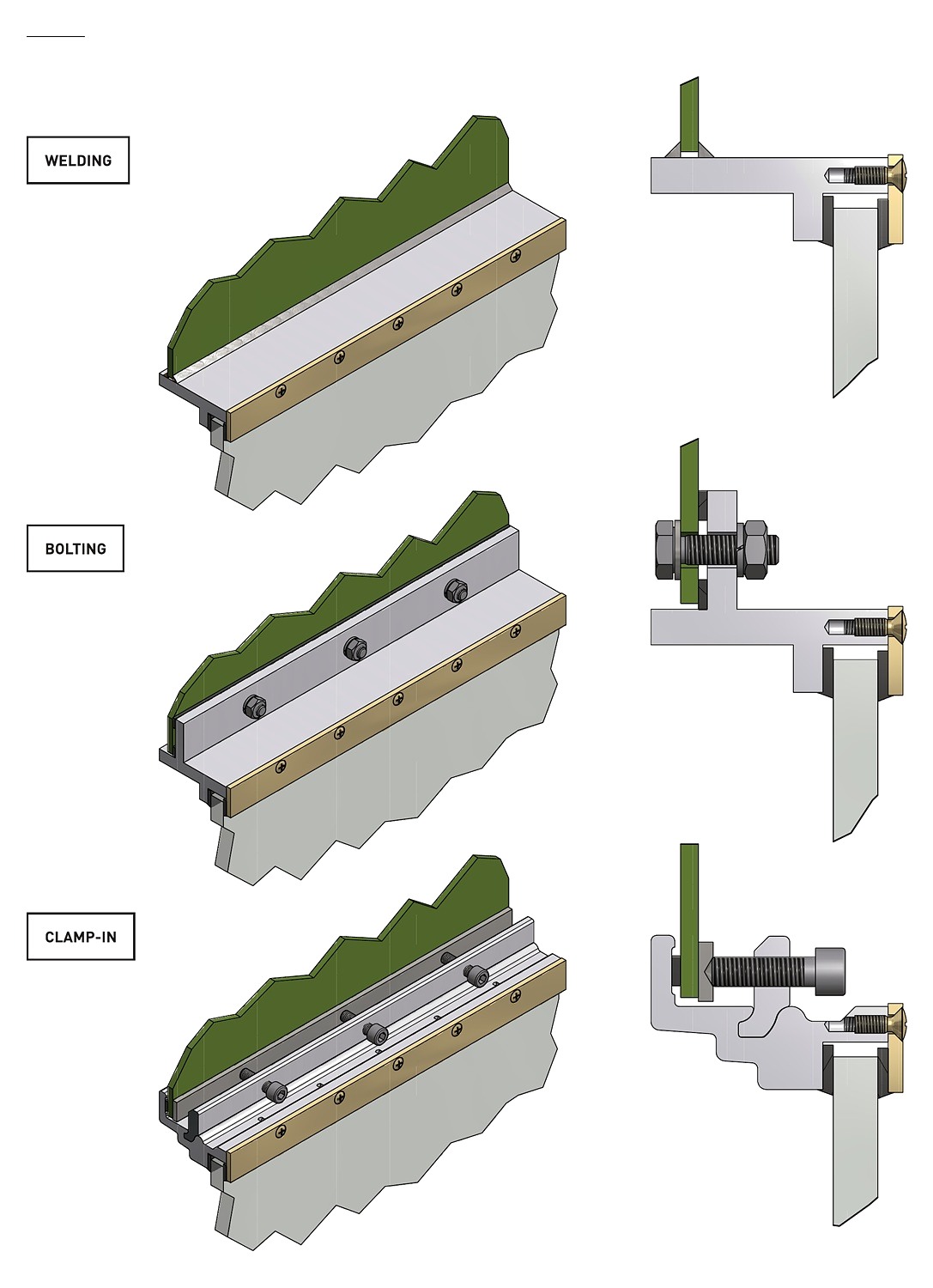 Welding, bolting and clamp-in window installation methods with section details