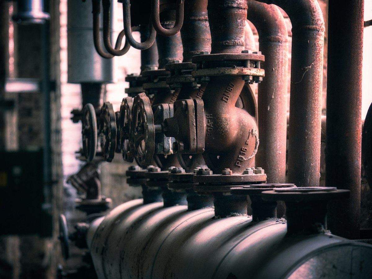 A bank of flanged globe valves