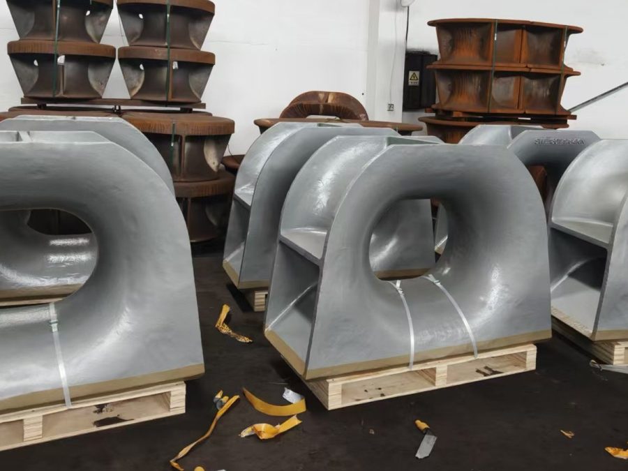 Finished 180-tonne towing chocks strapped to pallets at the maker’s works