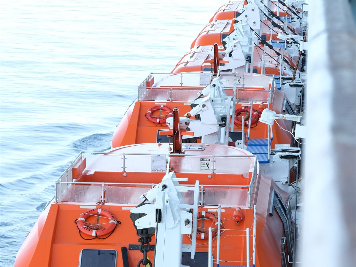 Lifeboats stowed along a ship&rsquo;s side