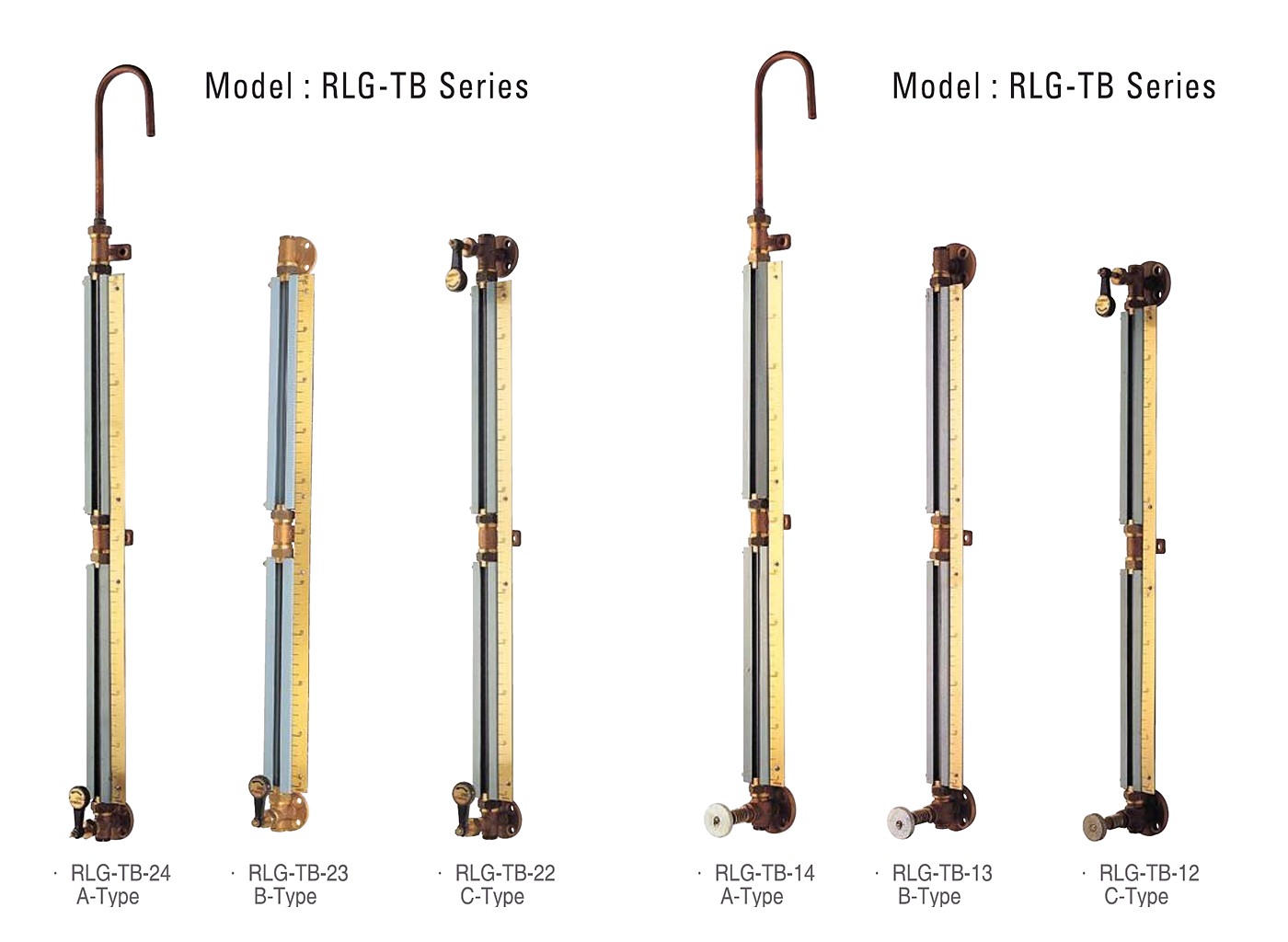 Six RLG-TB series tubular glass level gauges