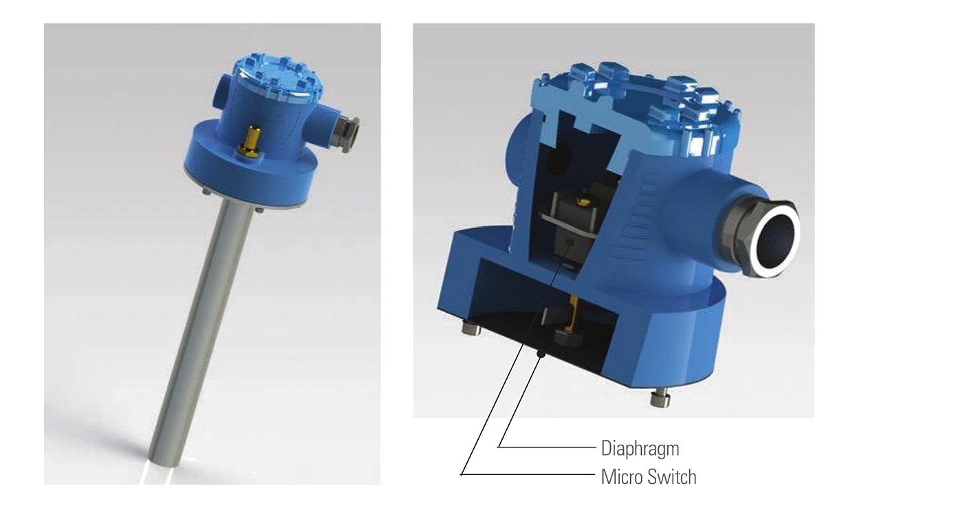 HPS pneumatic level switch and cutaway showing the diaphragm and micro switch