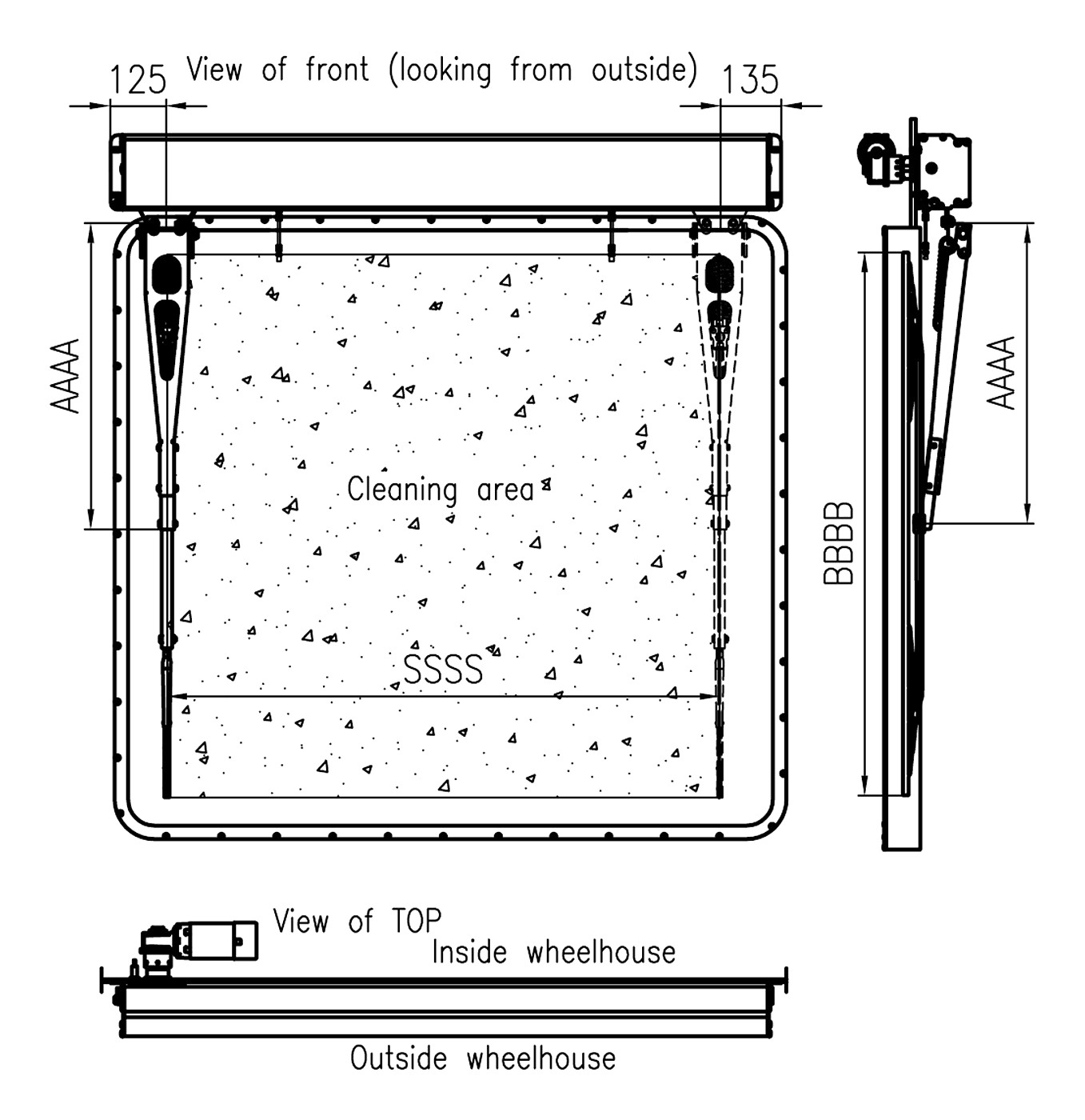Front, side and top views of a WAL.I.2100 horizontal wiper with the cleaning area marked