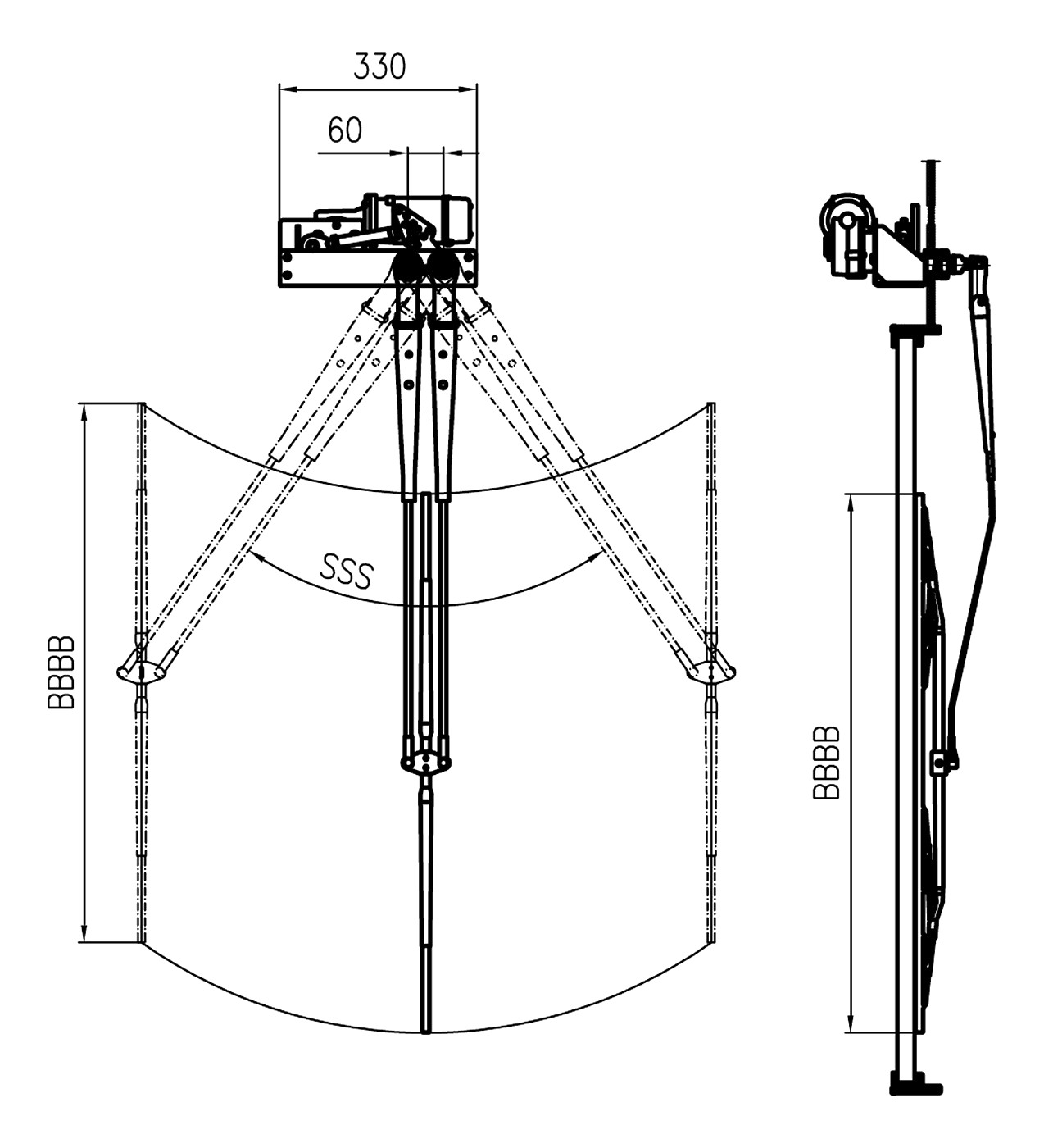 Typical dimensions of a W60.16-A pantograph wiper