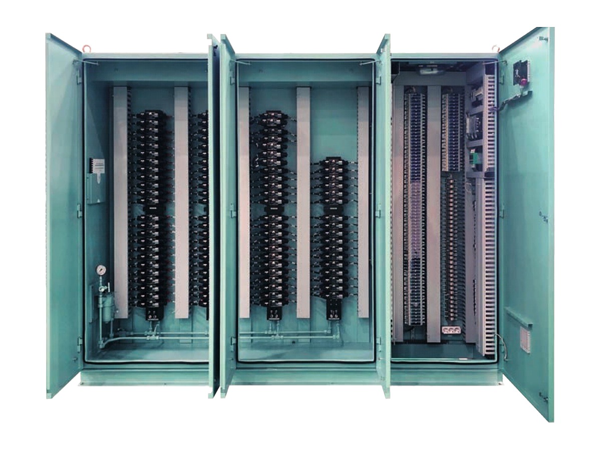 Solenoid valve cabinet with the doors open